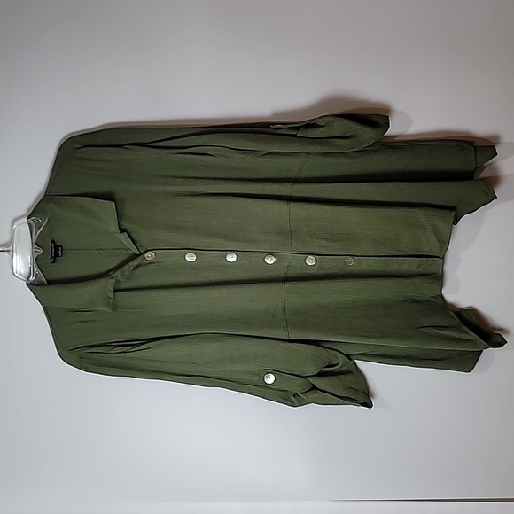 new directions Tops - ND New Directions Green Button-up - Roll-tab sleeves V-neck -Back button design